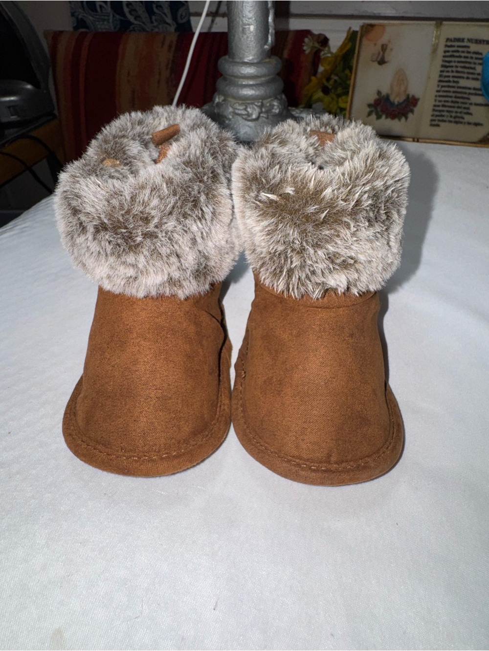 Toddler Faux Suede Booties with Plush Fur Cuff - Brown